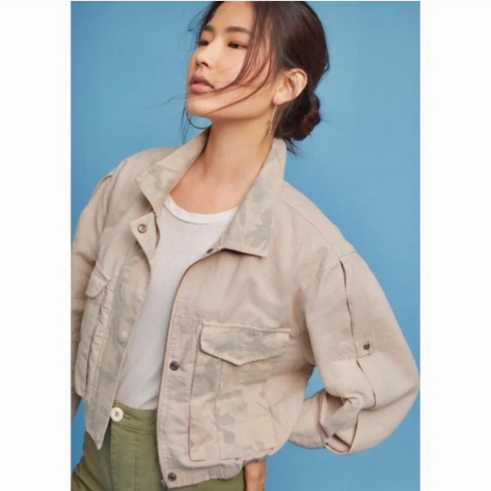 Hei Hei Anthropologie Ronan Camo Cropped Linen Jacket Women's Size S (3mm mark) - Picture 14 of 16